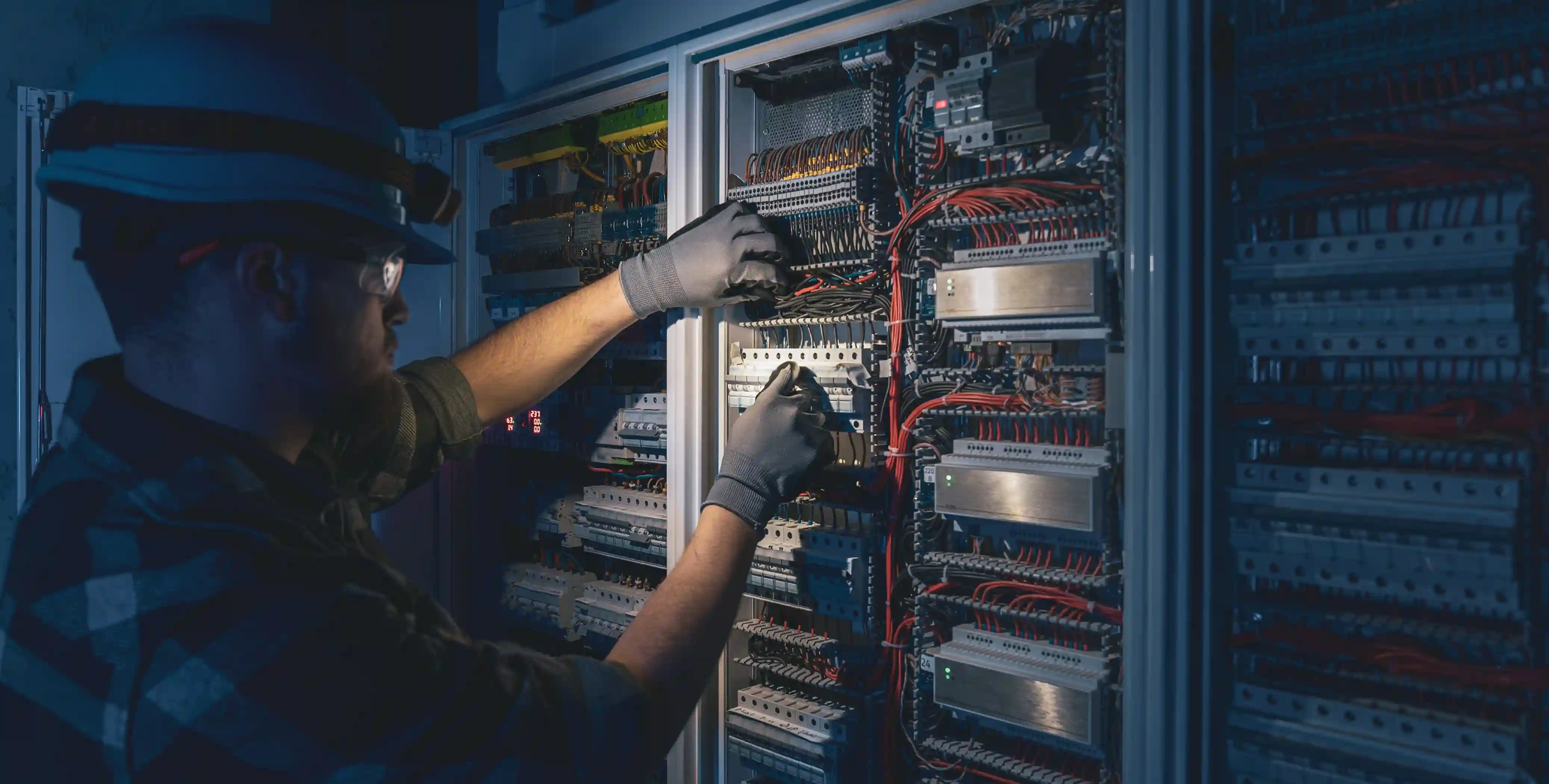 Field Engineer electrician servicing electrical equipment at industrial site