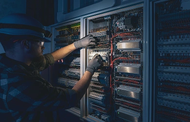 Field Engineer technician installing server rack in data center